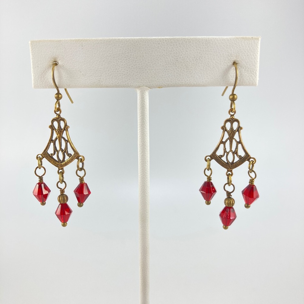 Host Pick! Red Crystal Earrings, Handmade, Victorian, Crystal & Antique Brass - Picture 2 of 4